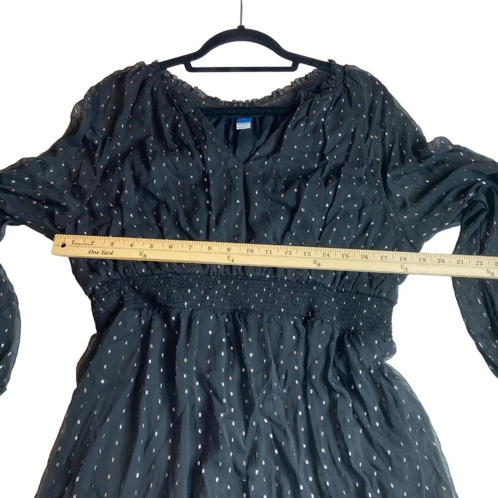 Old Navy Balloon‎ Sleeve Dress Sz L Black Metallic Silver Sheer Chiffon Lined - Picture 7 of 7